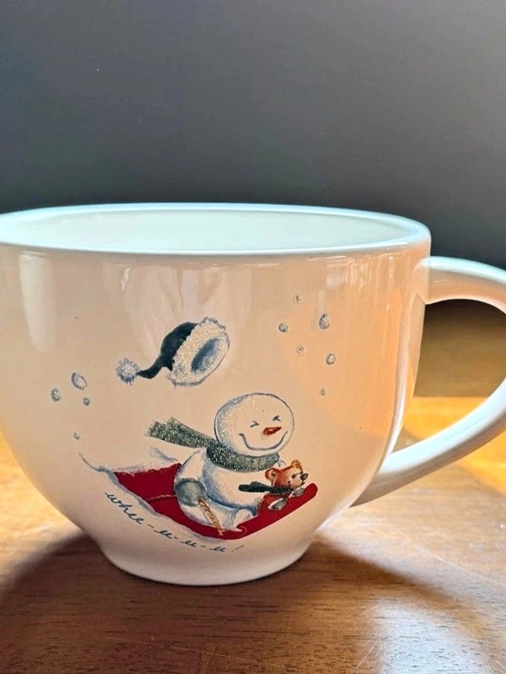 Bath & Body Works Holiday Edition 1999 Snowman Sledding Mug White